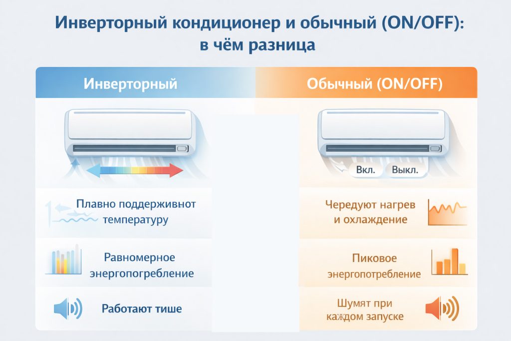 Сравнение инверторного и обычного кондиционера ON/OFF
